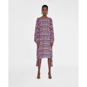 (B3) ZARA Geo Print Pleated Midi Dress | Long Sleeve Tie-Front Blogger Fave S